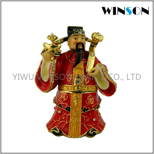 Pewter Jewelry Box / Jeweled Chinese God Trinket Box