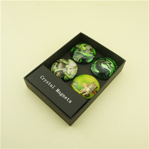 Set of  4 Pcs Round Domed Glass Fridge Magnets/Black Display Box Packing