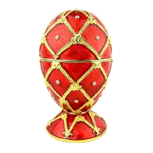 Red enamel jeweled faberge inspired easter egg